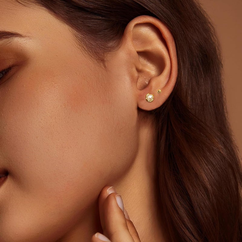 IMBOS Pearl Earrings 14k Gold Plated Daisy Flower Stud Earrings for Women Ball Stud Flat Back Earring Hypoallergenic Statement Earring Trendy Jewelry Gift for Women - Image 3